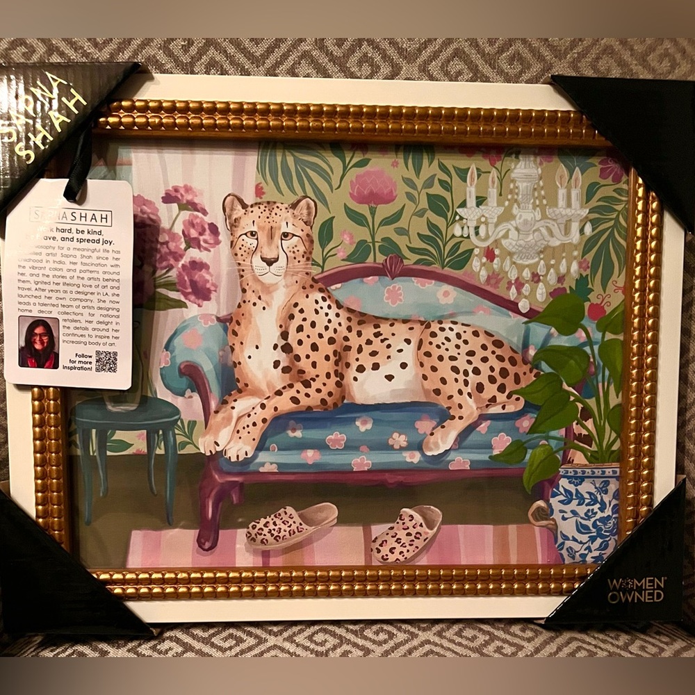 NEW SAPNA SHAH  Colorful Cheetah Cat on Sofa and Slippers Art Print. 11" x 14".